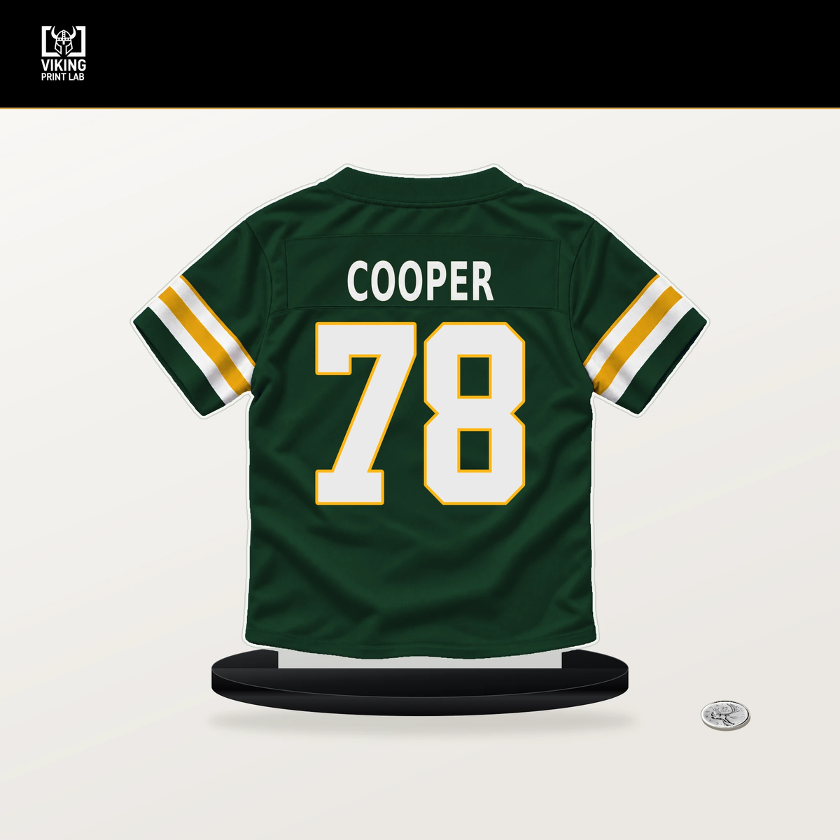 Dalton Cooper number 78 Green Bay Packers jersey stand with included black base.