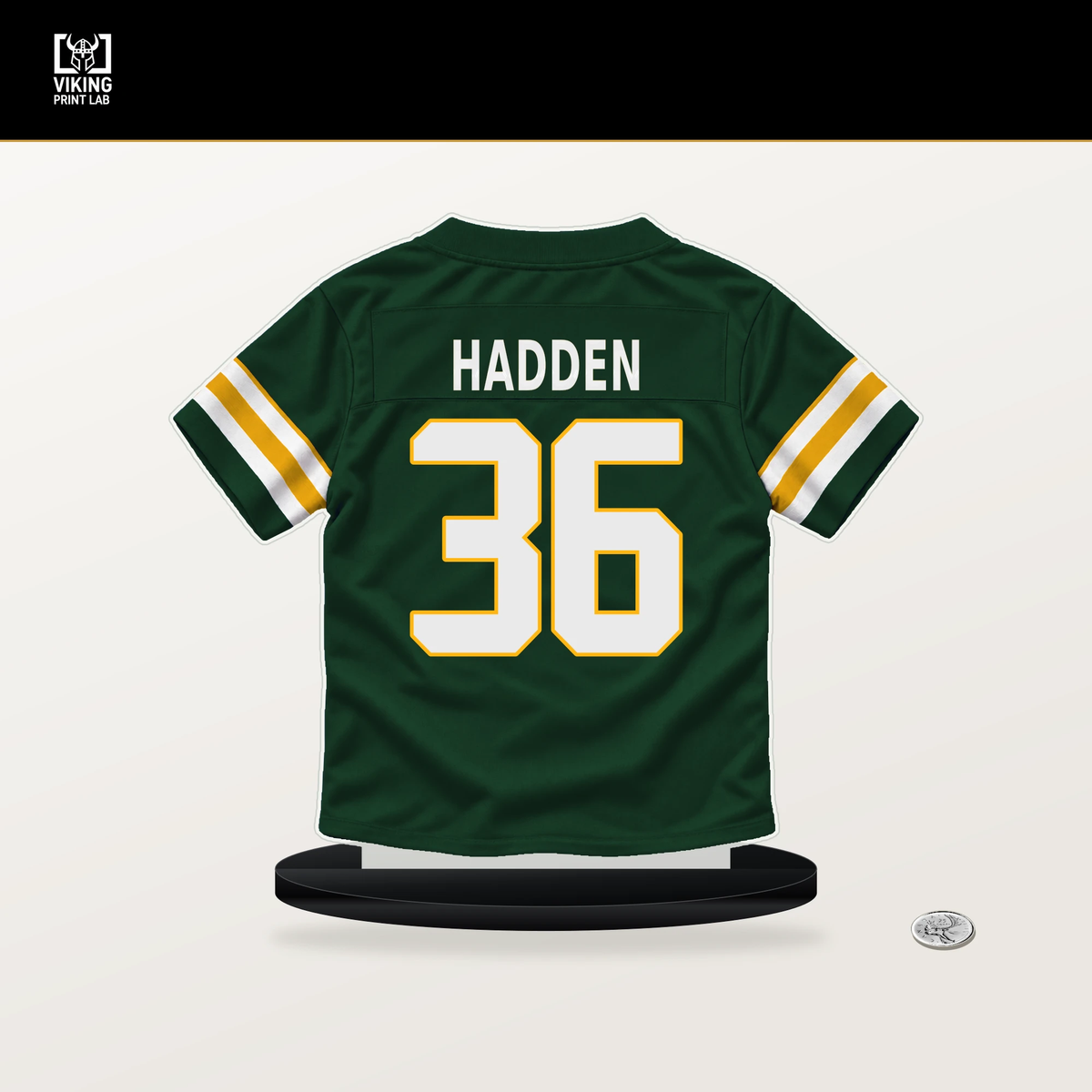 Kamal Hadden number 36 Green Bay Packers jersey stand with included black base.