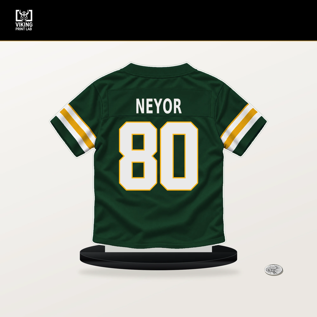 Isaiah Neyor number 80 Green Bay Packers jersey stand with included black base.