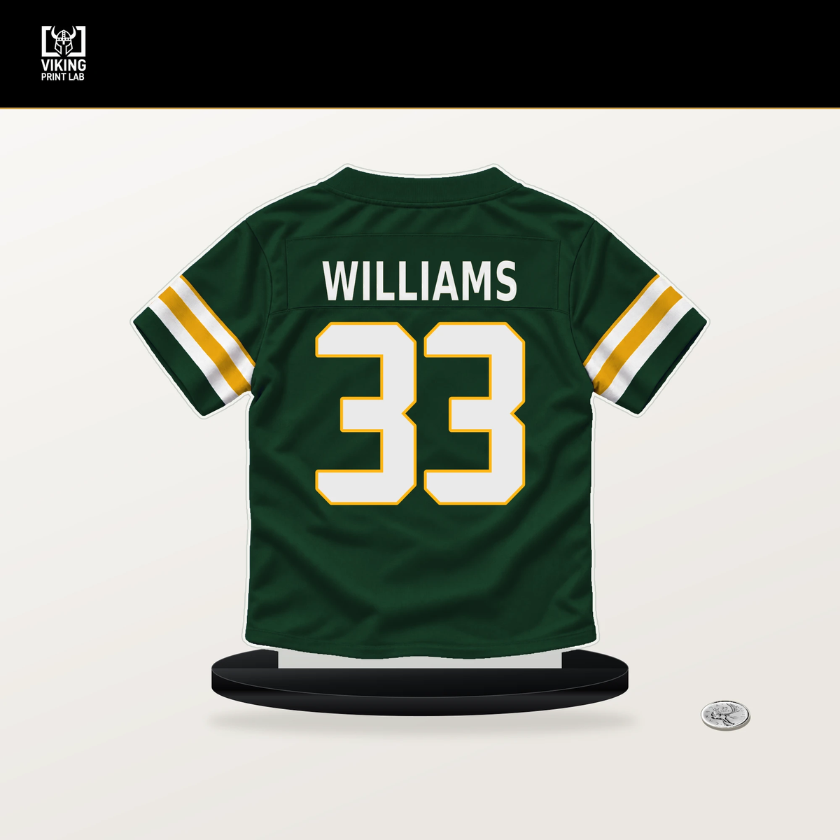Evan Williams number 33 Green Bay Packers jersey stand with included black base.