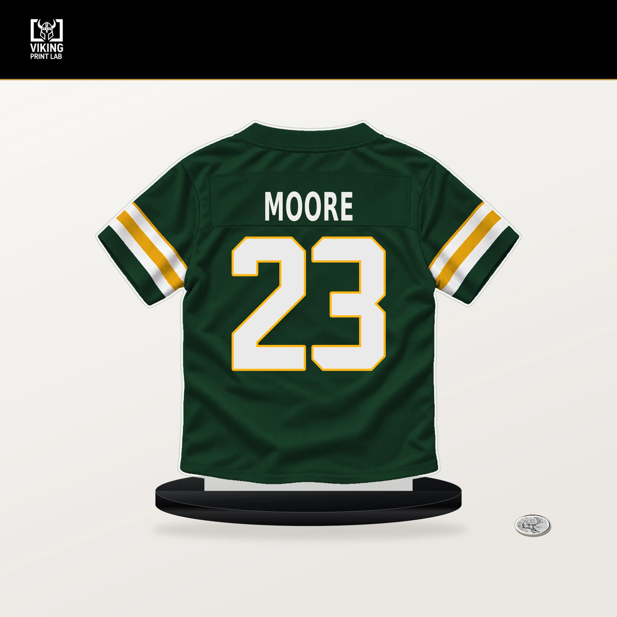 Skyy Moore number 23 Green Bay Packers jersey stand with included black base.