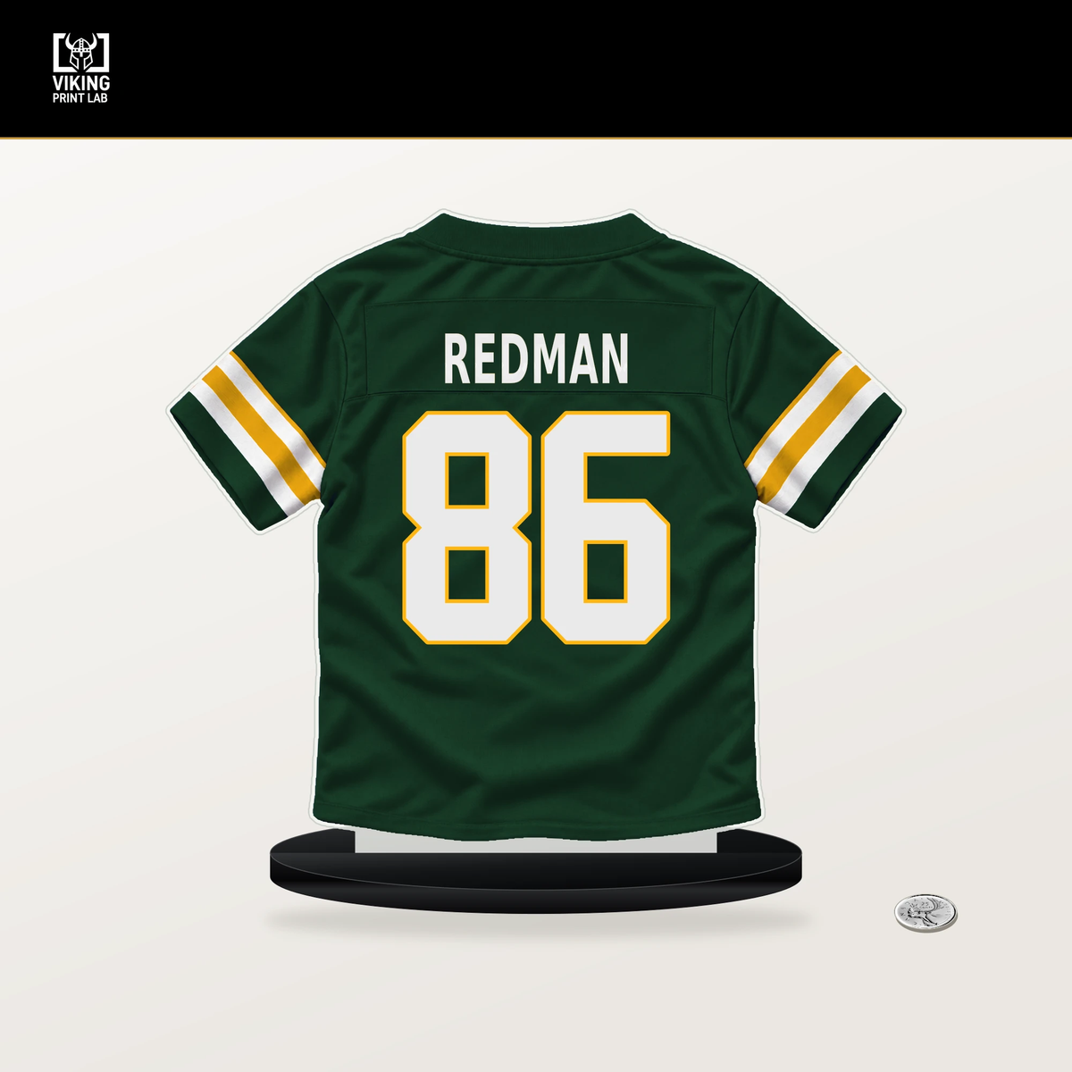 Mark Redman number 86 Green Bay Packers jersey stand with included black base.