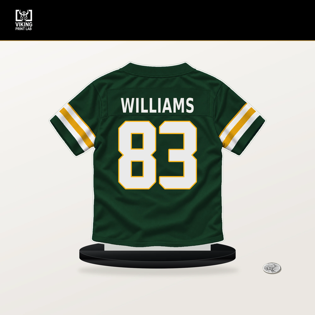 Savion Williams number 83 Green Bay Packers jersey stand with included black base.