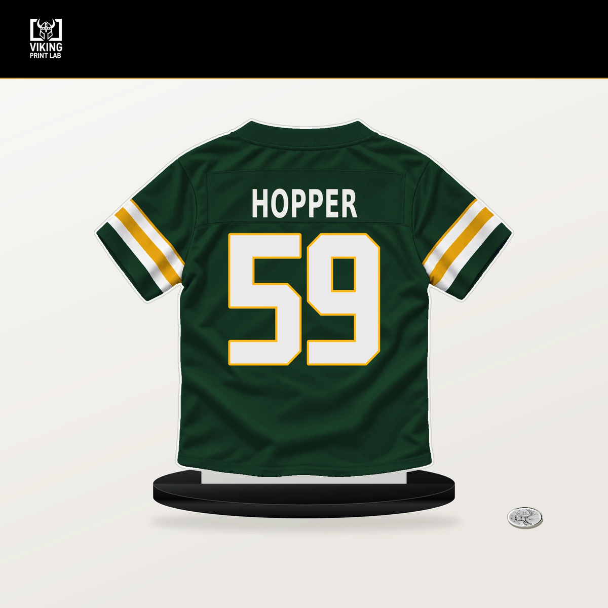 Ty'Ron Hopper number 59 Green Bay Packers jersey stand with included black base.