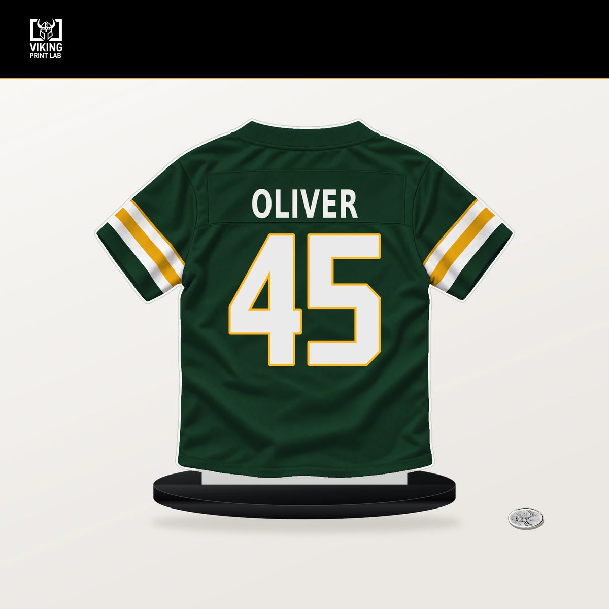 Collin Oliver number 45 Green Bay Packers jersey stand with included black base.