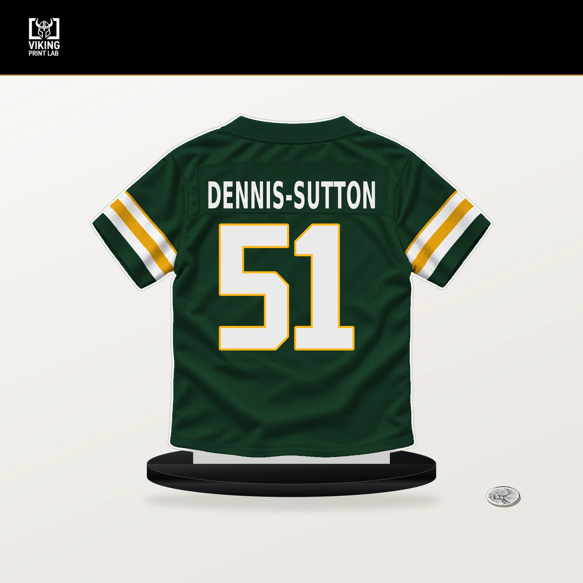 Dani Dennis-Sutton number 51 Green Bay Packers jersey stand with included black base.