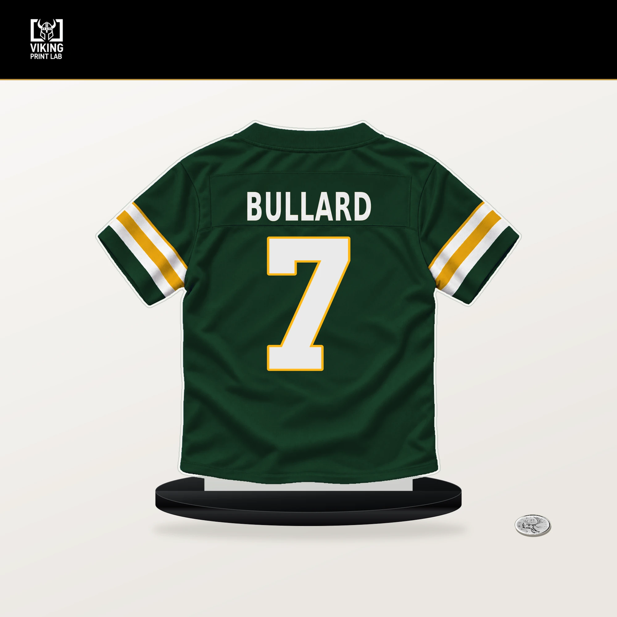 Javon Bullard number 7 Green Bay Packers jersey stand with included black base.