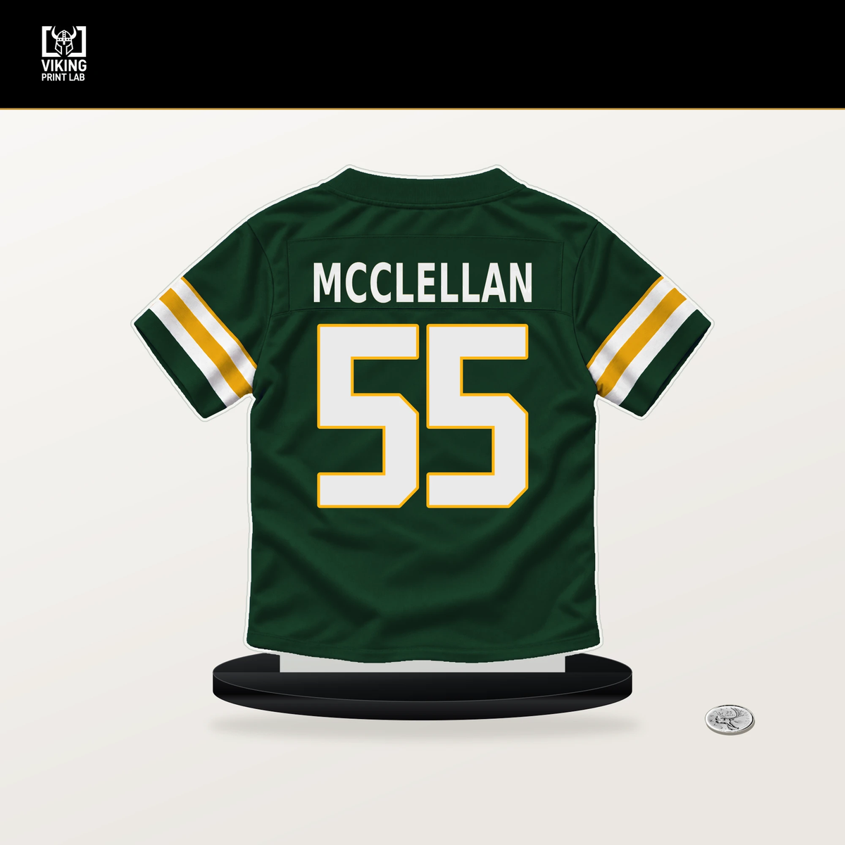 Chris McClellan number 55 Green Bay Packers jersey stand with included black base.