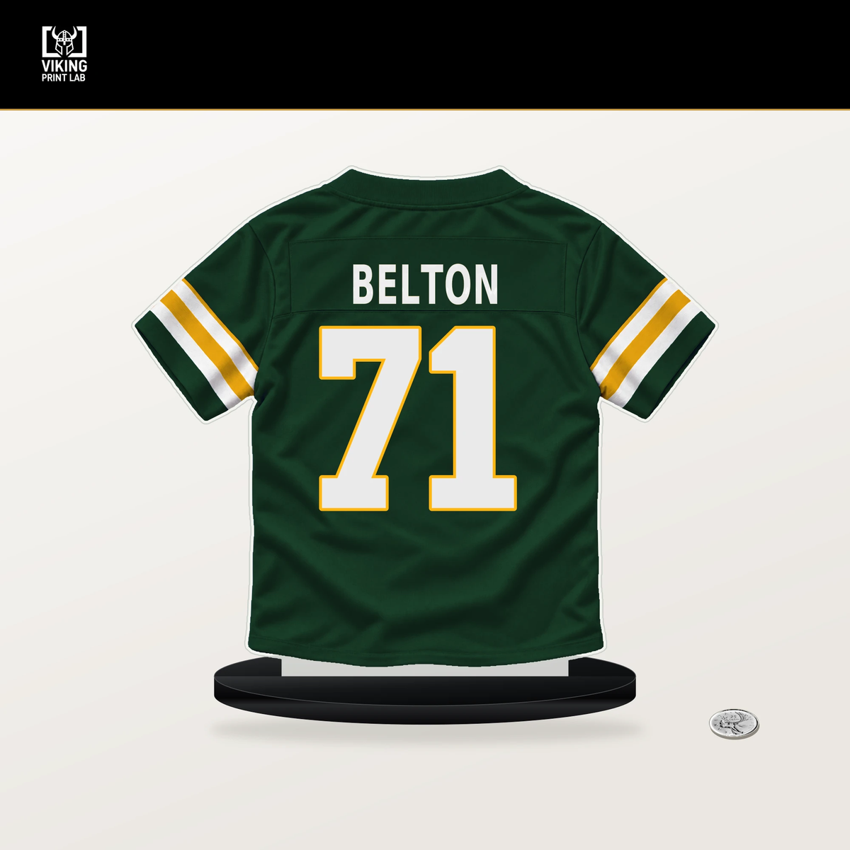 Anthony Belton number 71 Green Bay Packers jersey stand with included black base.
