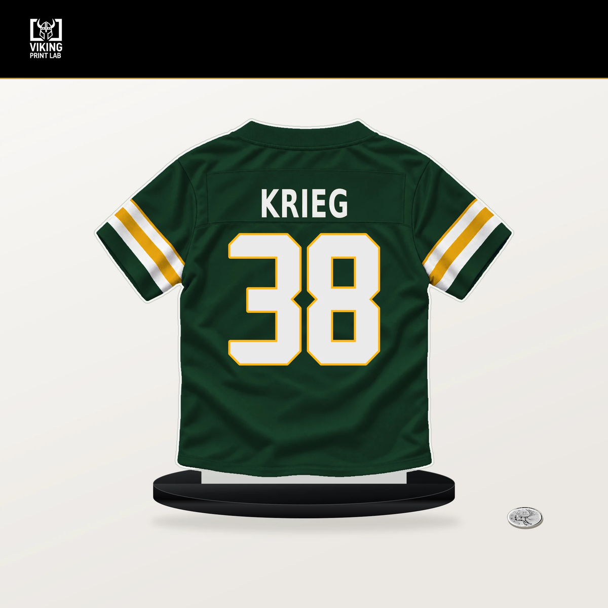 Lenny Krieg number 38 Green Bay Packers jersey stand with included black base.