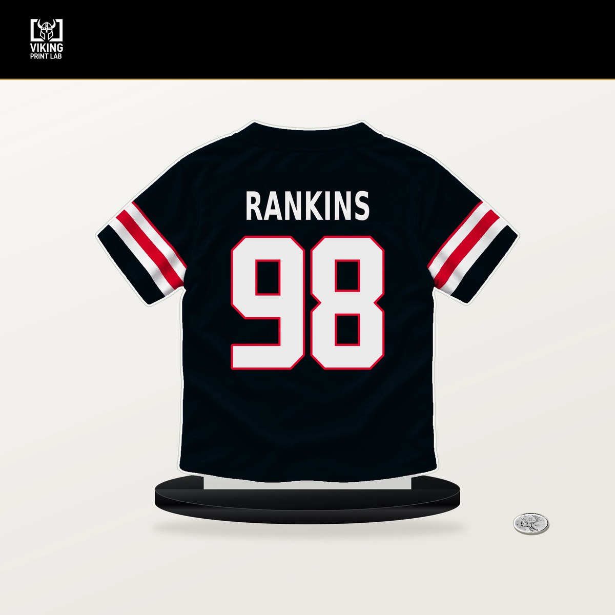 Sheldon Rankins number 98 Houston Texans jersey stand with included black base.