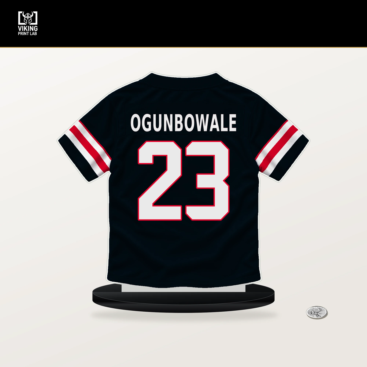 Dare Ogunbowale number 23 Houston Texans jersey stand with included black base.