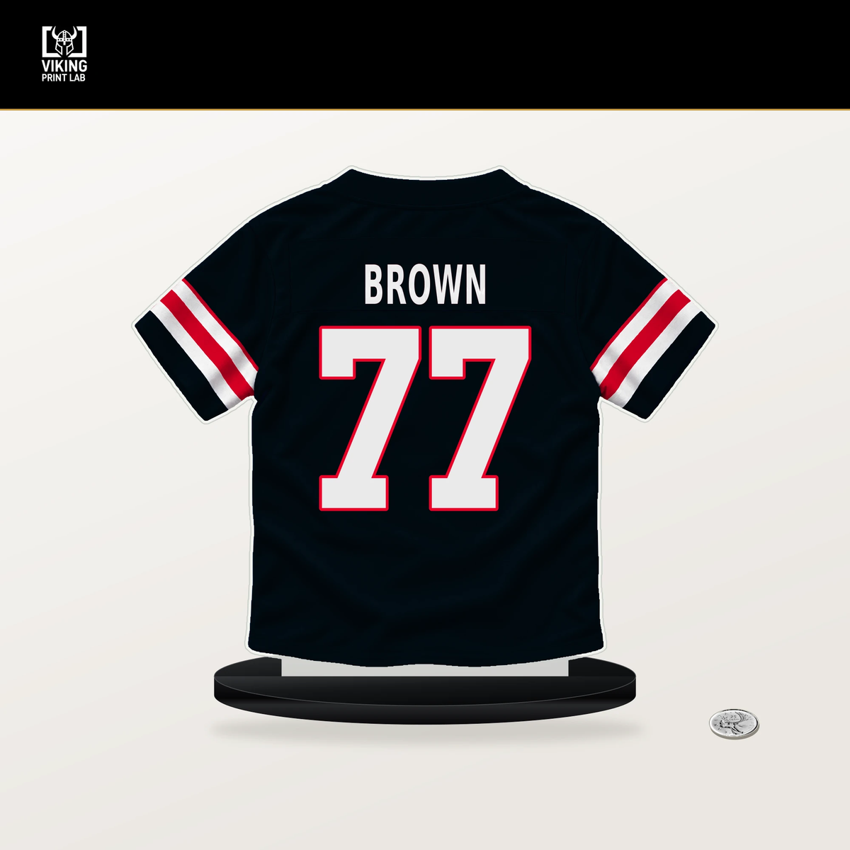 Trent Brown number 77 Houston Texans jersey stand with included black base.
