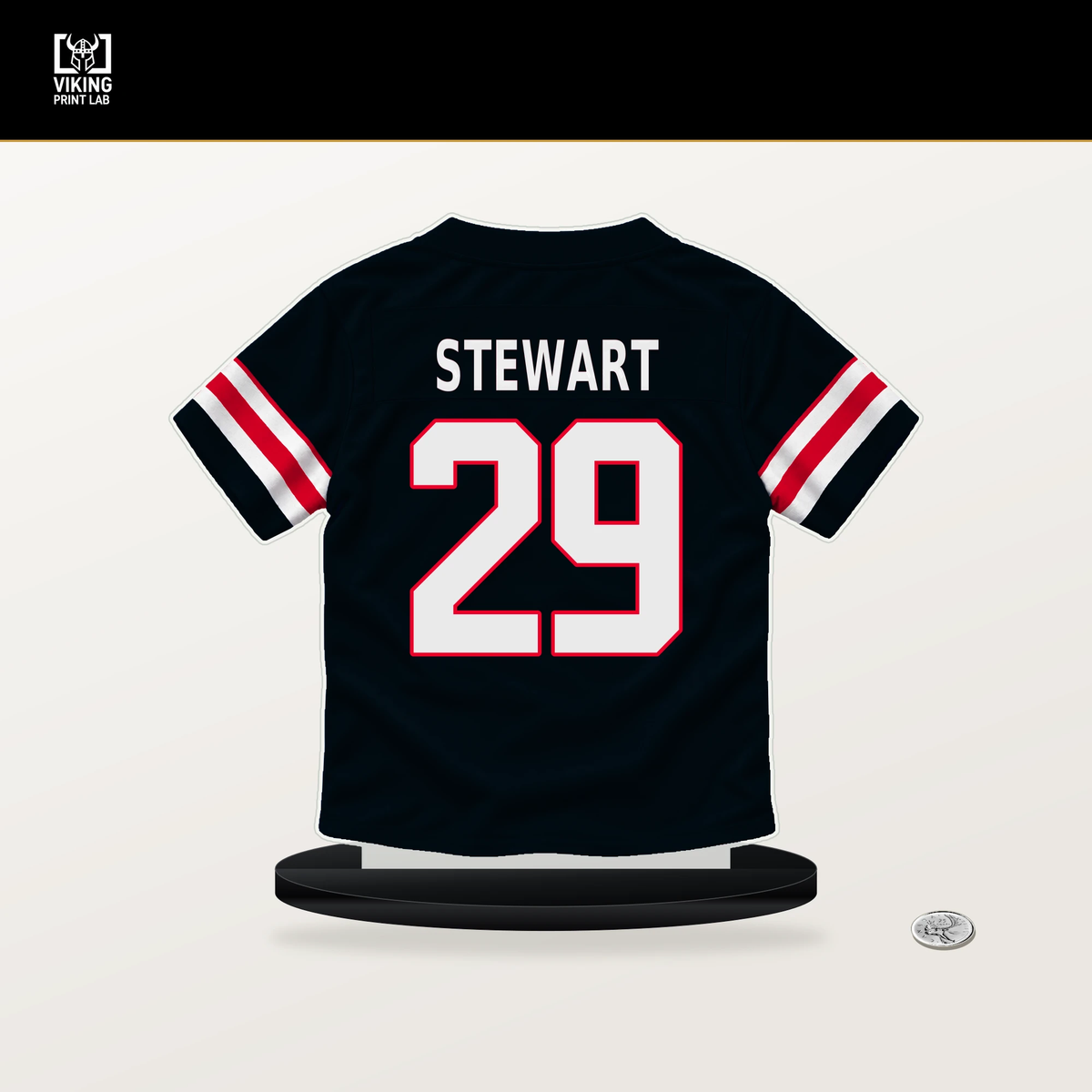 M.J. Stewart number 29 Houston Texans jersey stand with included black base.