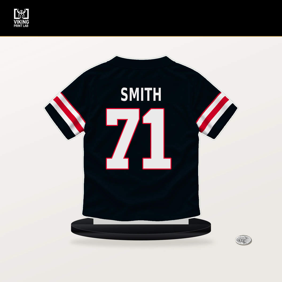 Braden Smith number 71 Houston Texans jersey stand with included black base.