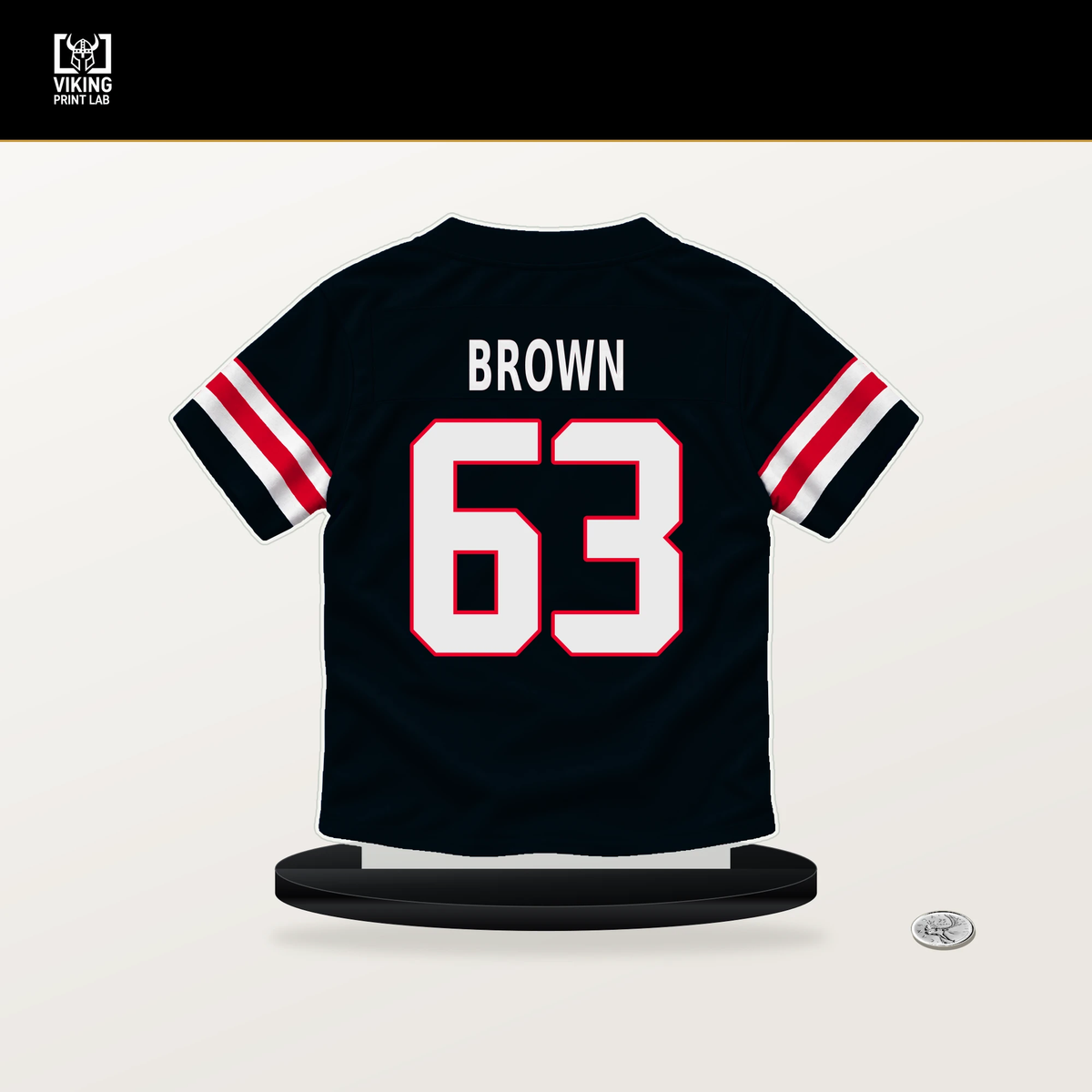 Evan Brown number 63 Houston Texans jersey stand with included black base.