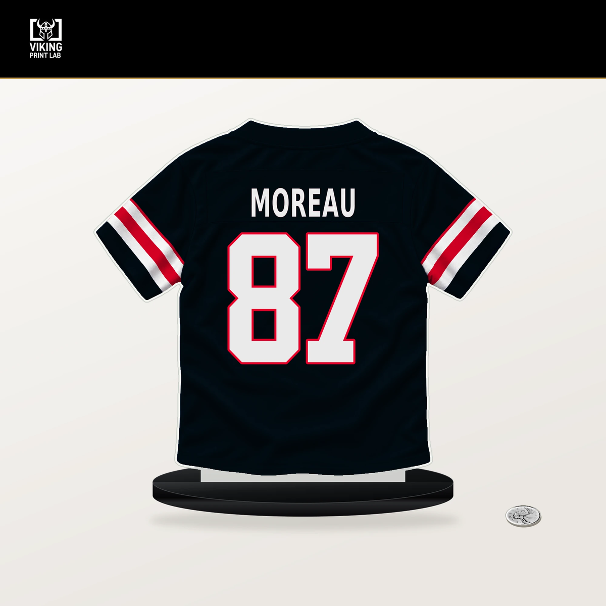 Foster Moreau number 87 Houston Texans jersey stand with included black base.