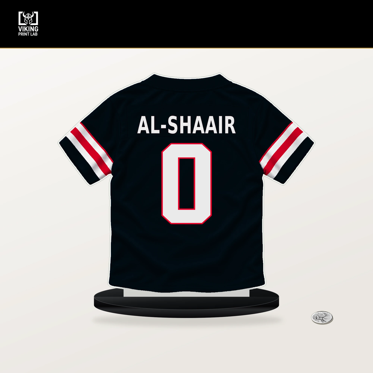 Azeez Al-Shaair number 0 Houston Texans jersey stand with included black base.