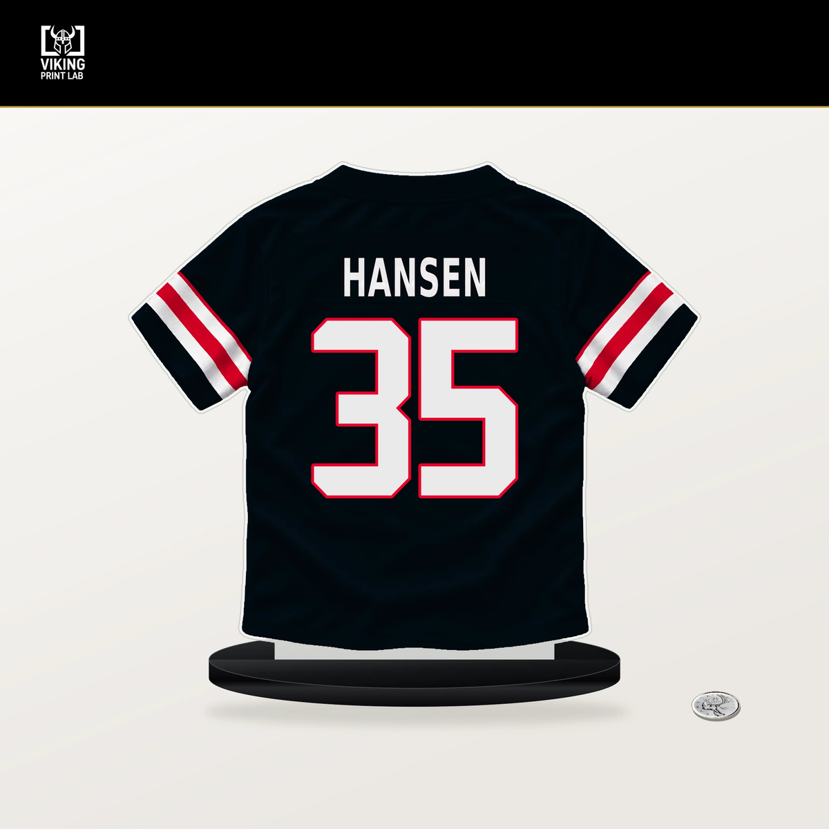 Jake Hansen number 35 Houston Texans jersey stand with included black base.