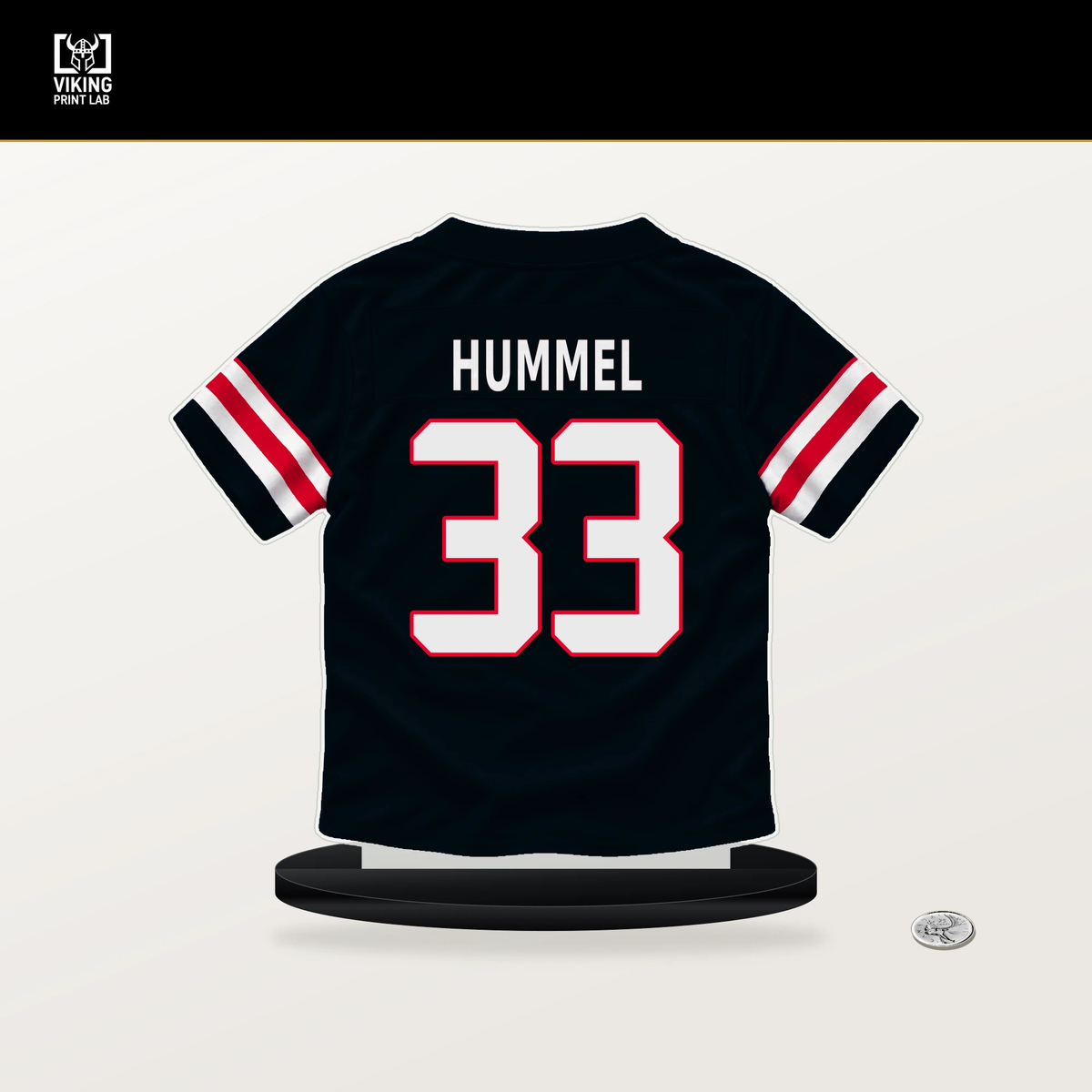 Jake Hummel number 33 Houston Texans jersey stand with included black base.