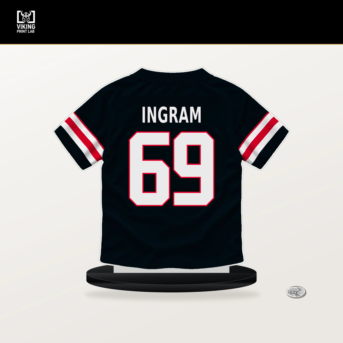 Ed Ingram number 69 Houston Texans jersey stand with included black base.