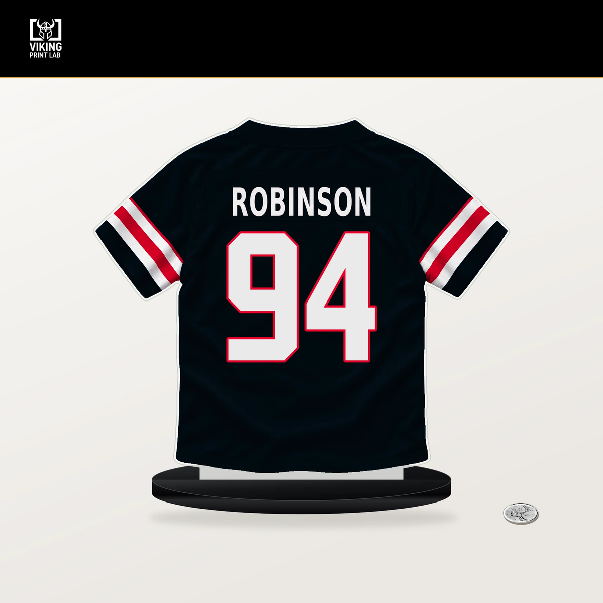Dominique Robinson number 94 Houston Texans jersey stand with included black base.