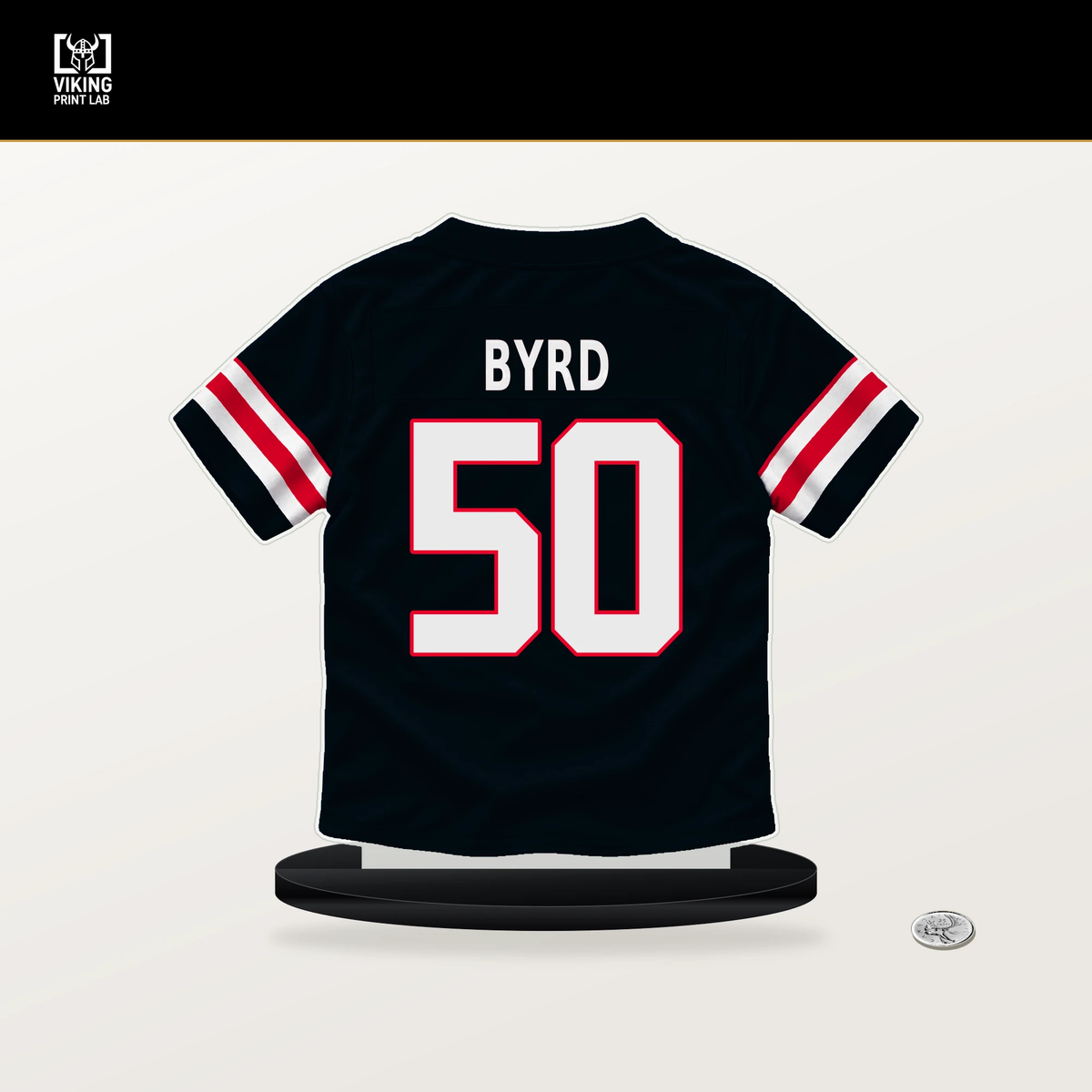Solomon Byrd number 50 Houston Texans jersey stand with included black base.