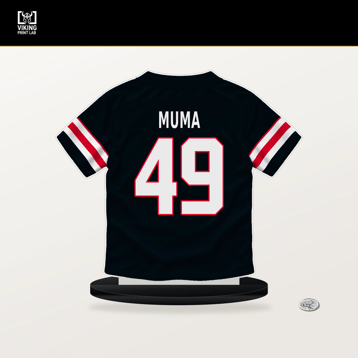 Chad Muma number 49 Houston Texans jersey stand with included black base.