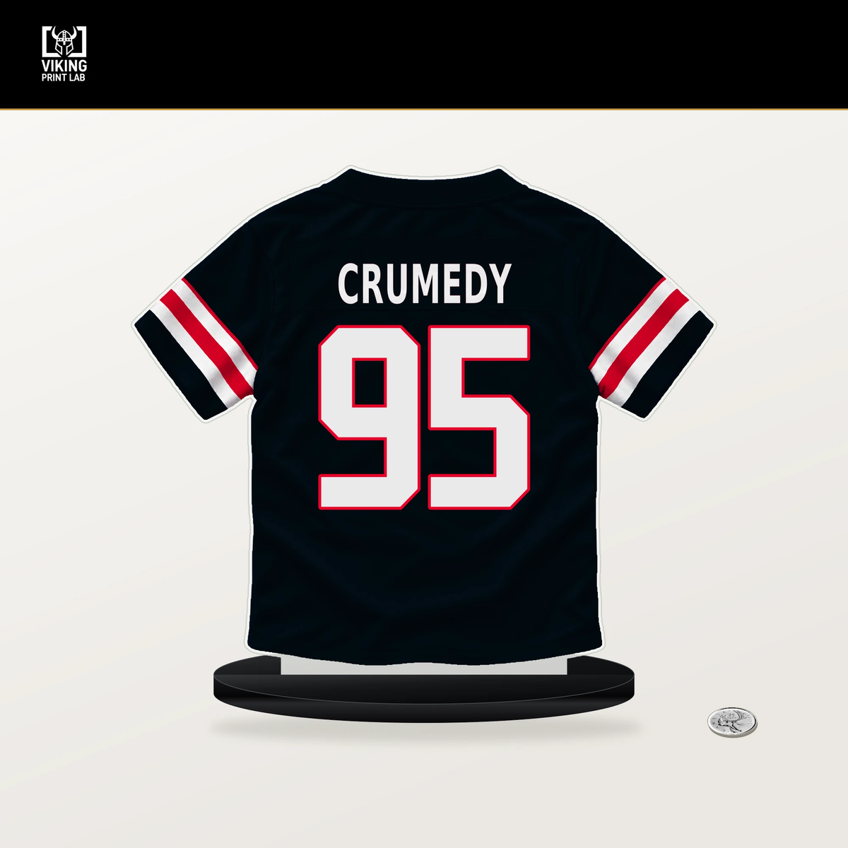 Jaden Crumedy number 95 Houston Texans jersey stand with included black base.