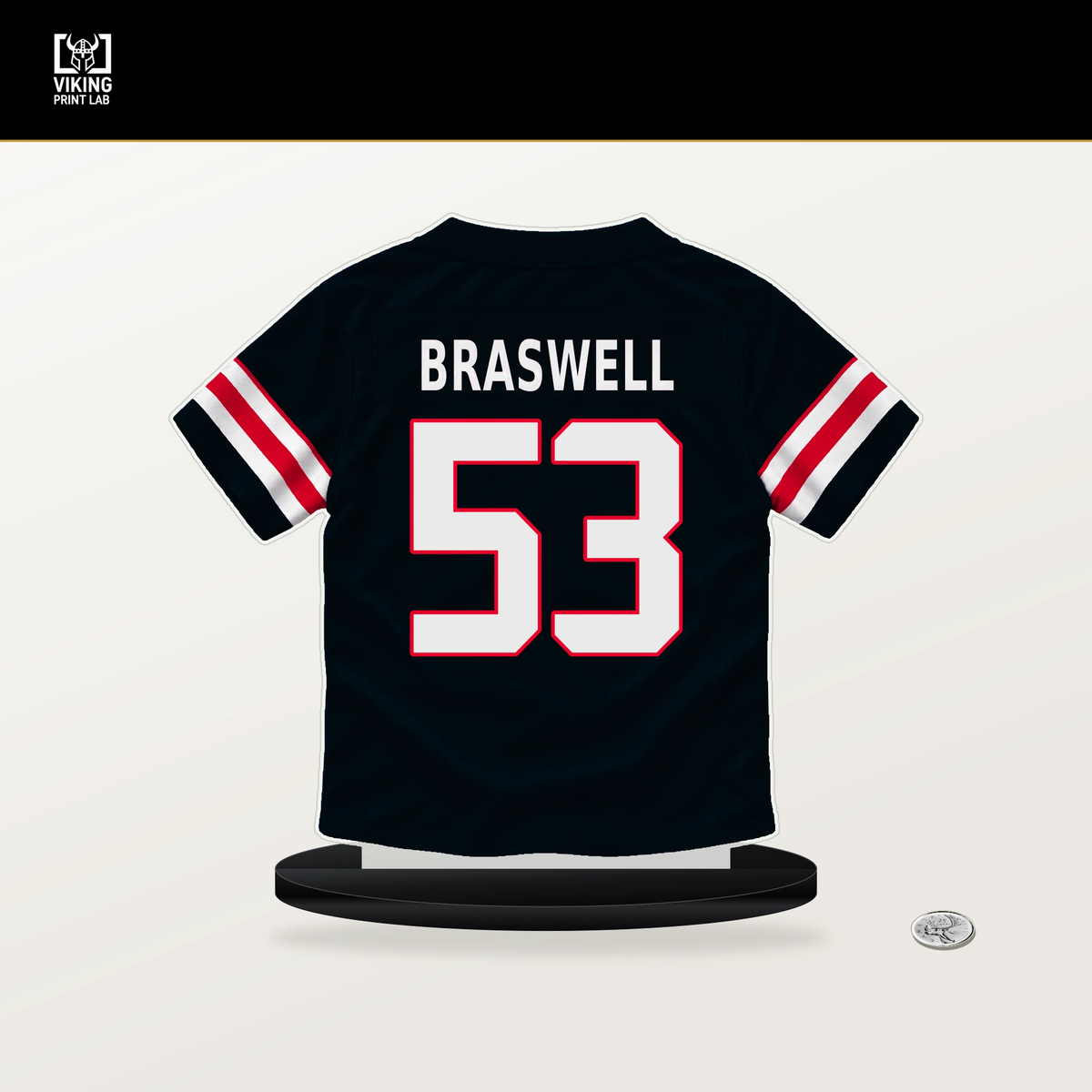 Chris Braswell number 53 Houston Texans jersey stand with included black base.