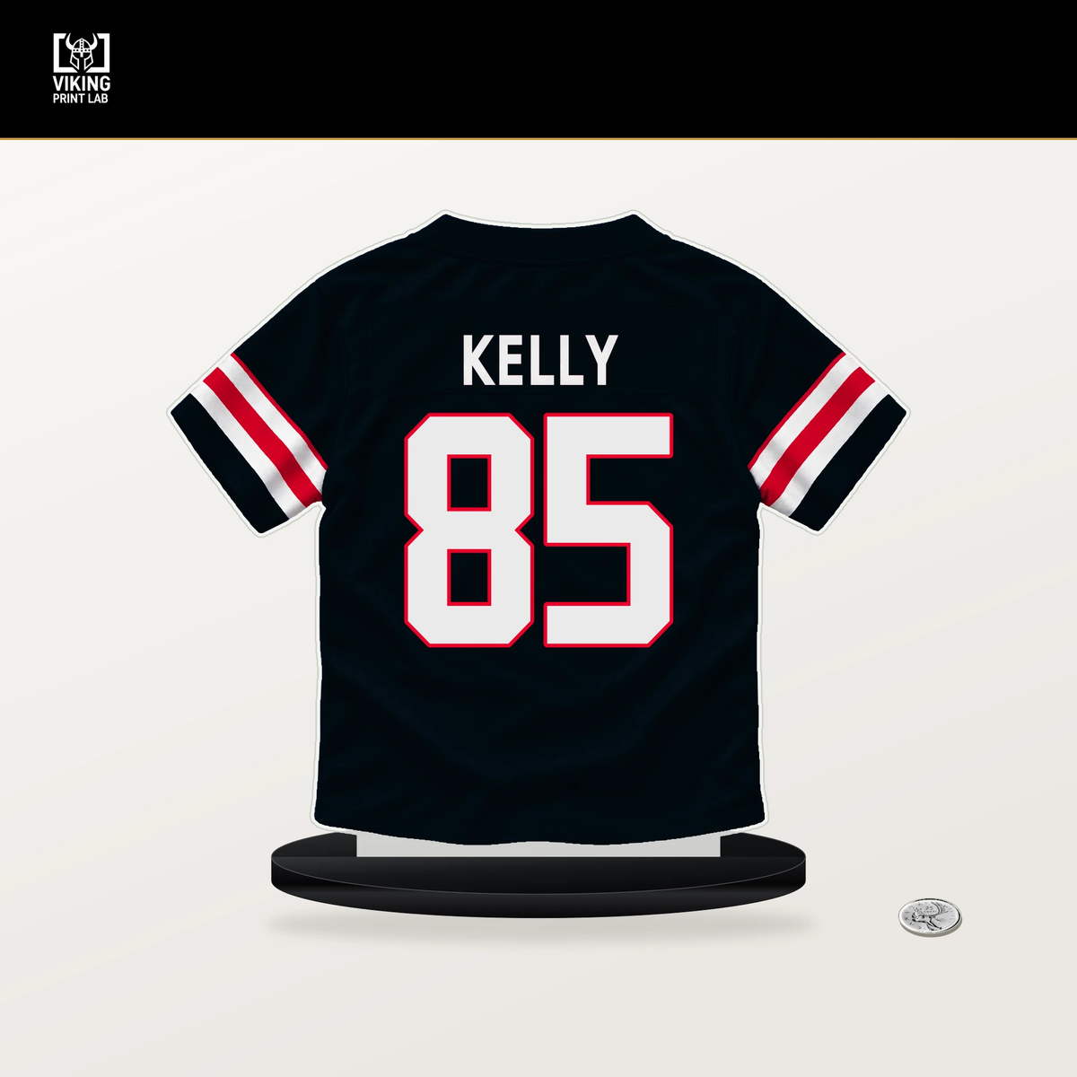 Josh Kelly number 85 Houston Texans jersey stand with included black base.