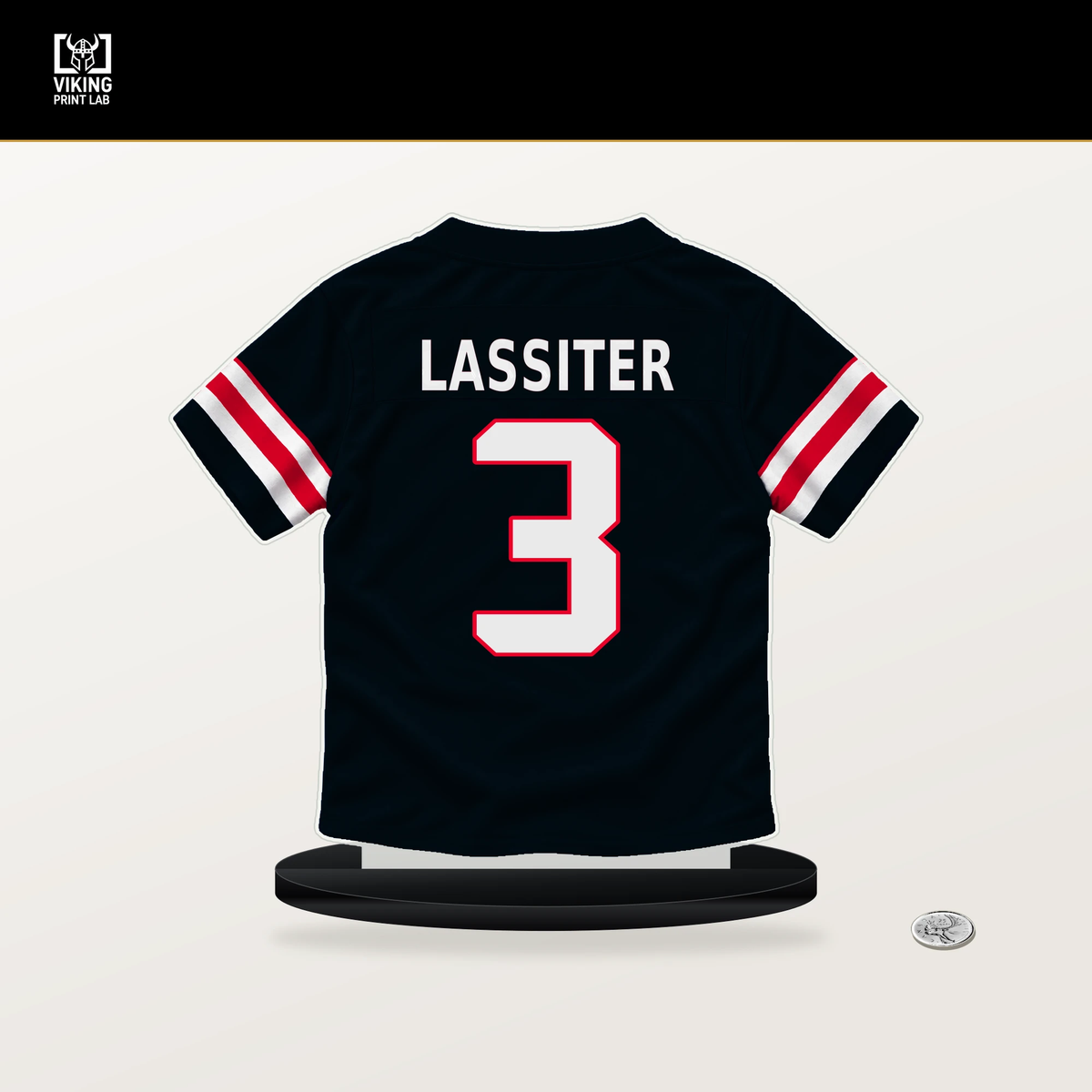 Kamari Lassiter number 3 Houston Texans jersey stand with included black base.