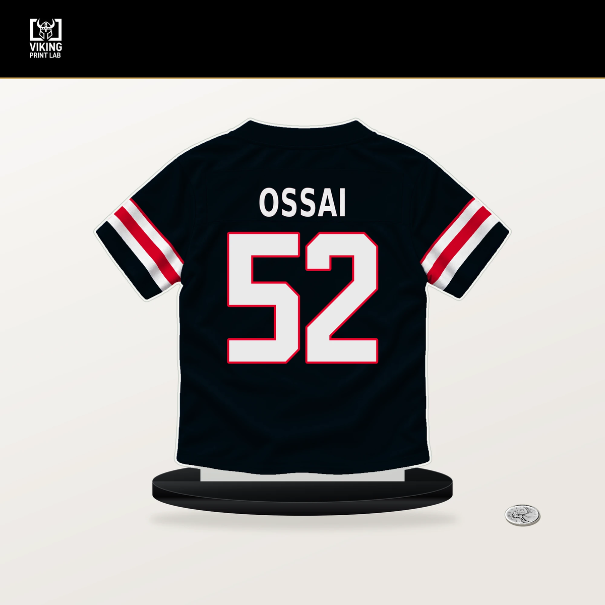 K.C. Ossai number 52 Houston Texans jersey stand with included black base.