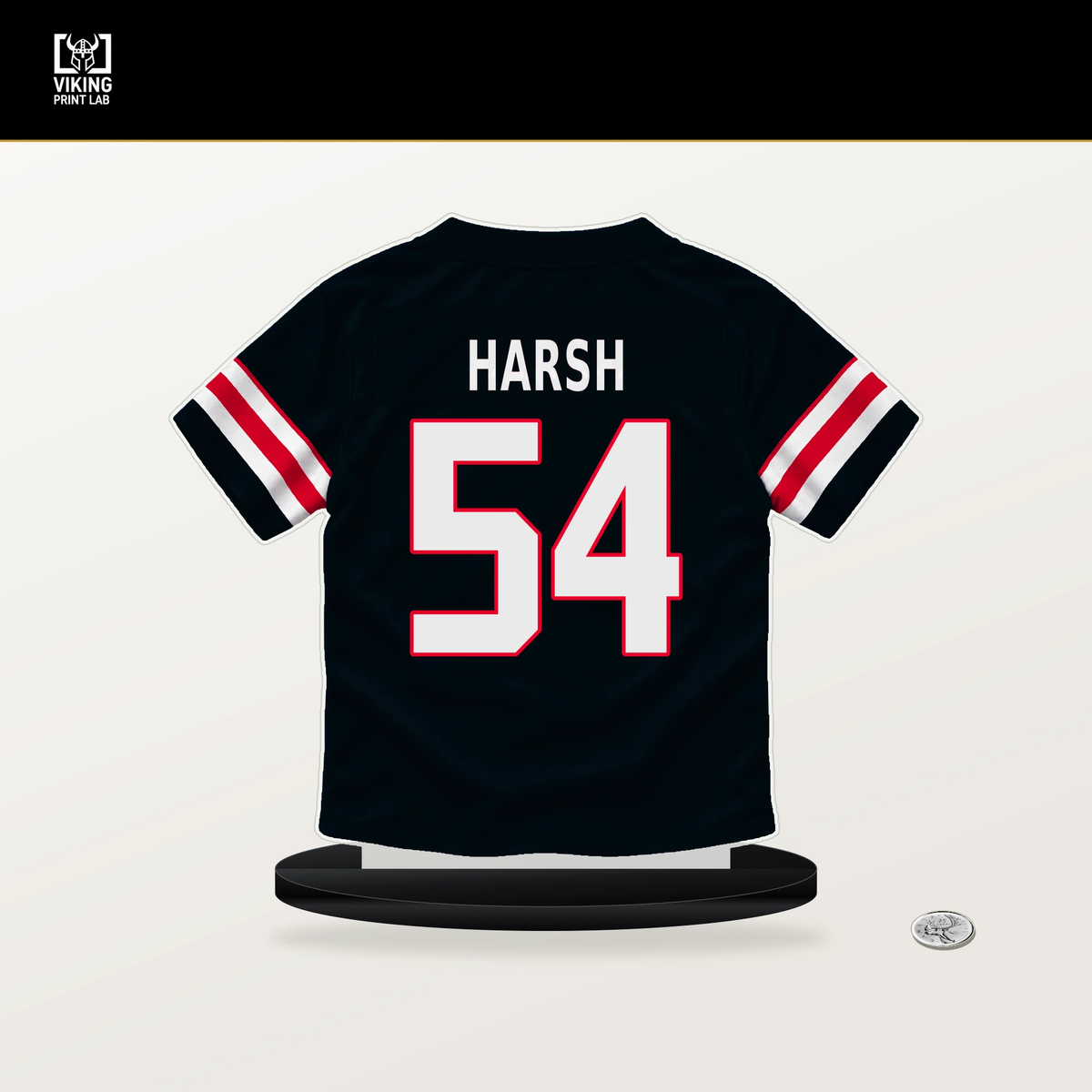 Sabastian Harsh number 54 Houston Texans jersey stand with included black base.