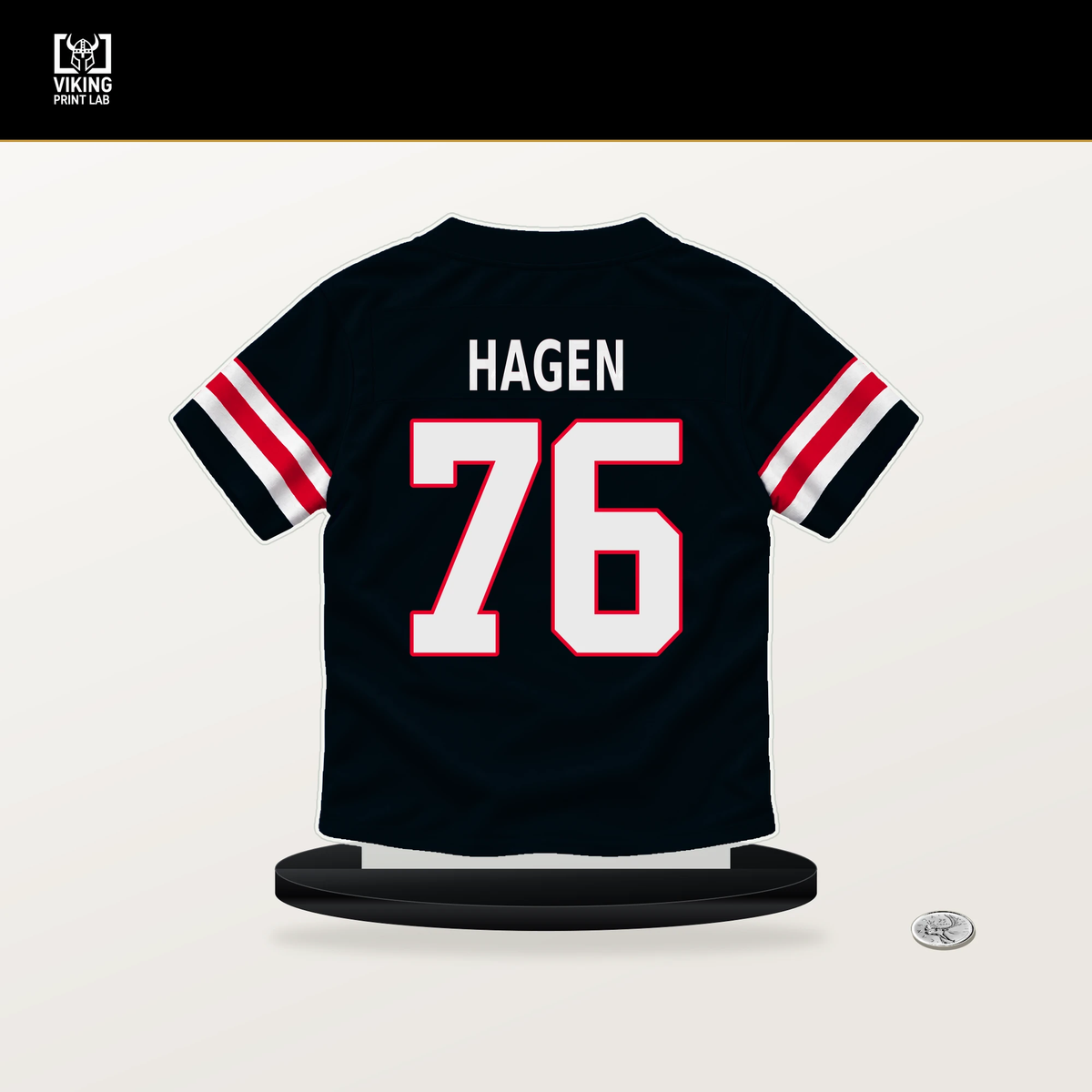 Sam Hagen number 76 Houston Texans jersey stand with included black base.