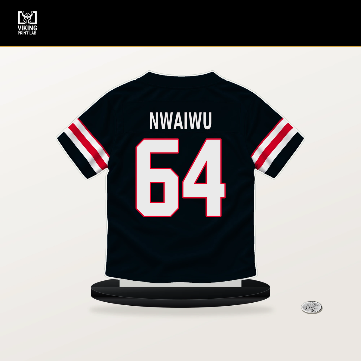 Febechi Nwaiwu number 64 Houston Texans jersey stand with included black base.