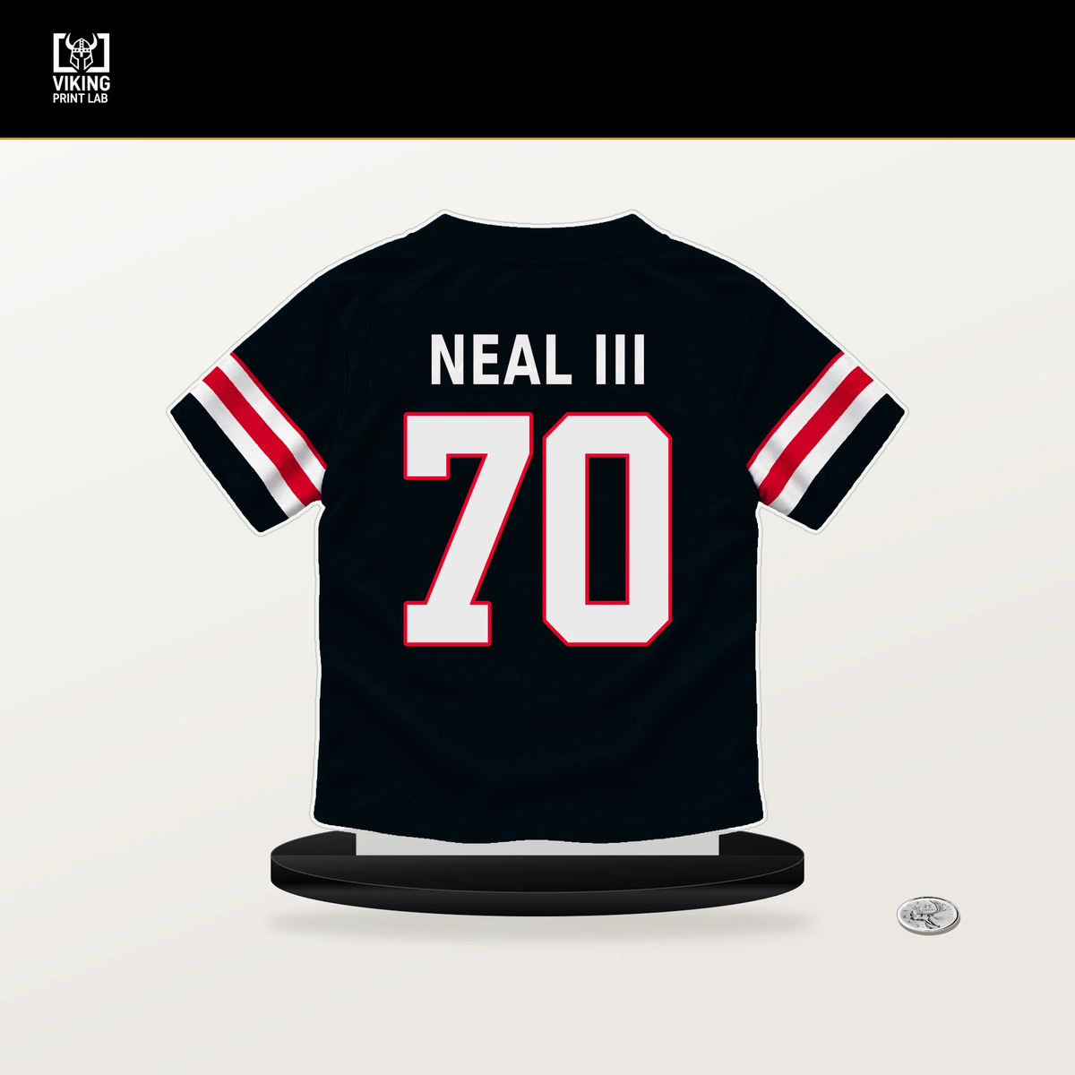 James Neal III number 70 Houston Texans jersey stand with included black base.