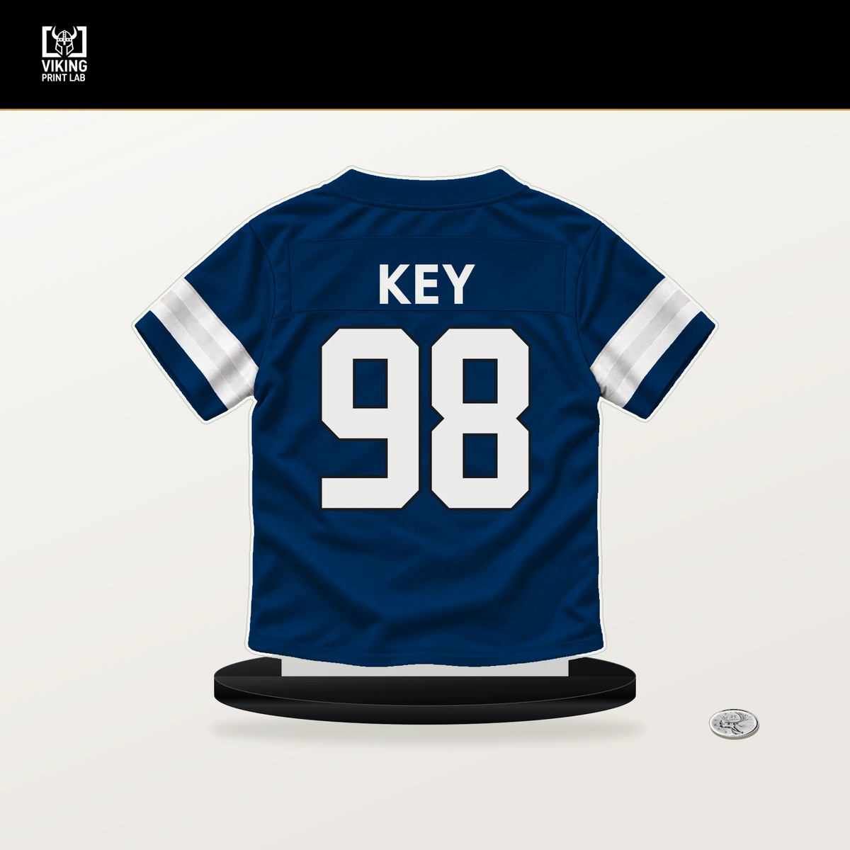 Arden Key number 98 Indianapolis Colts jersey stand with included black base.