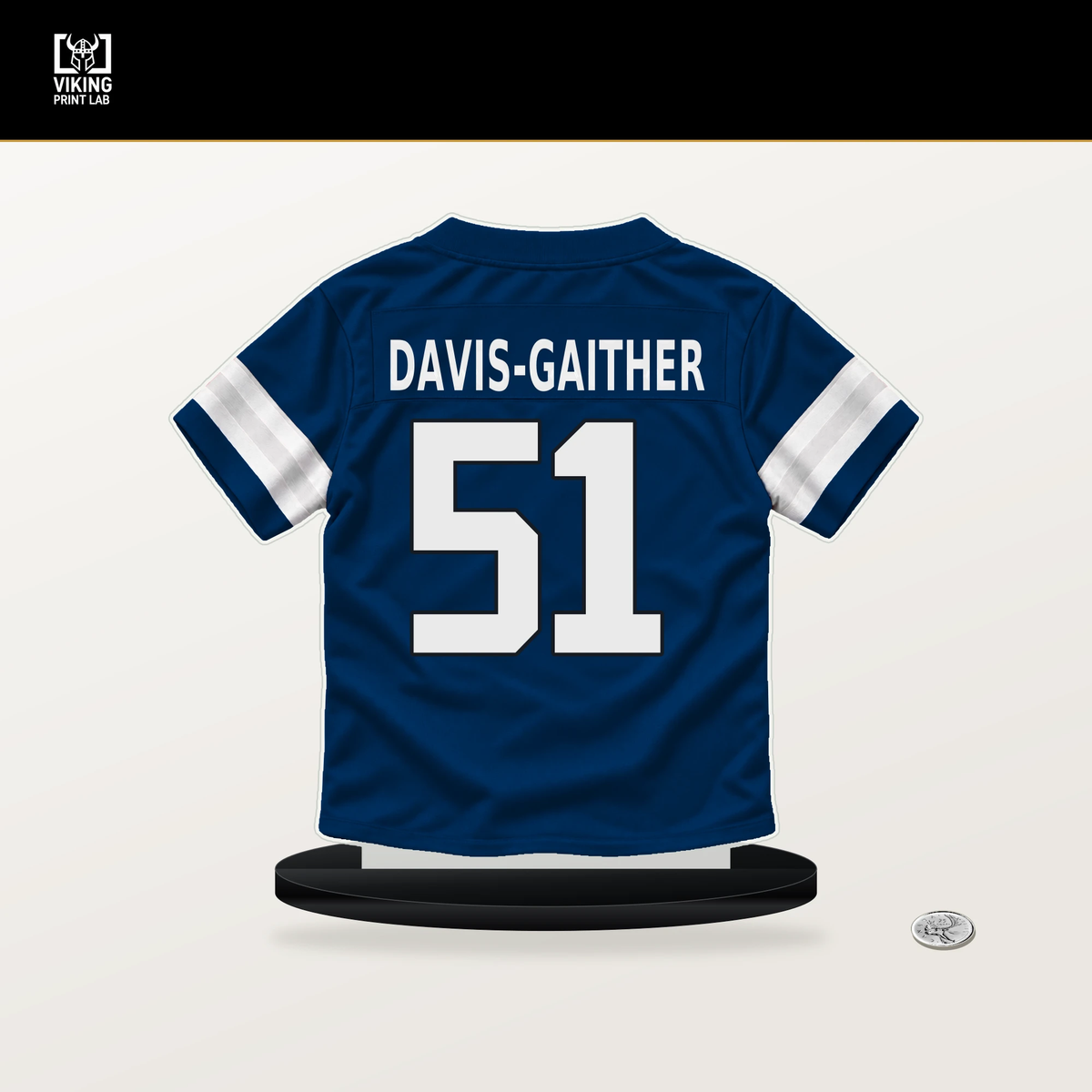Akeem Davis-Gaither number 51 Indianapolis Colts jersey stand with included black base.