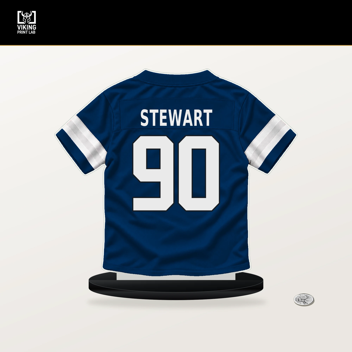 Grover Stewart number 90 Indianapolis Colts jersey stand with included black base.