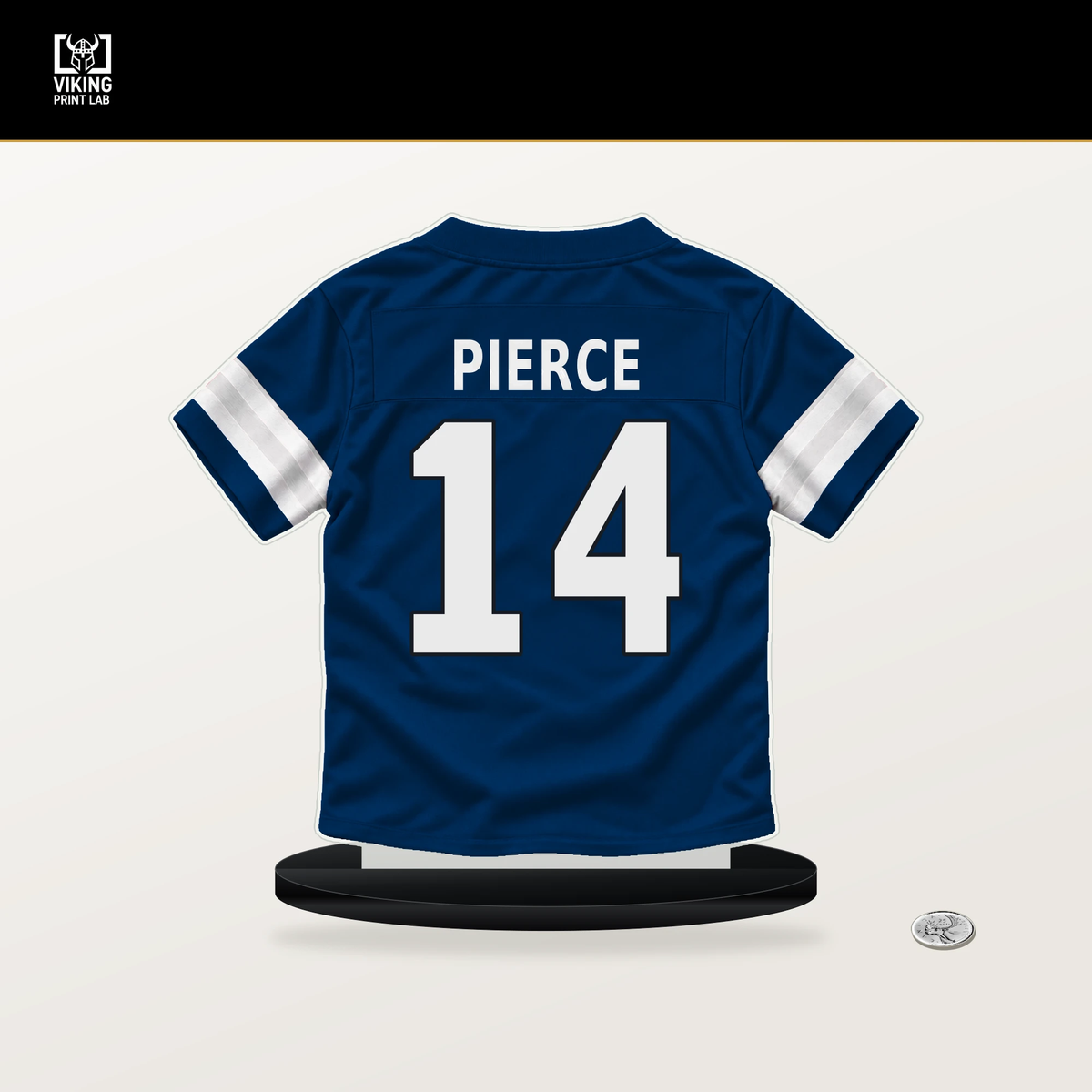 Alec Pierce number 14 Indianapolis Colts jersey stand with included black base.