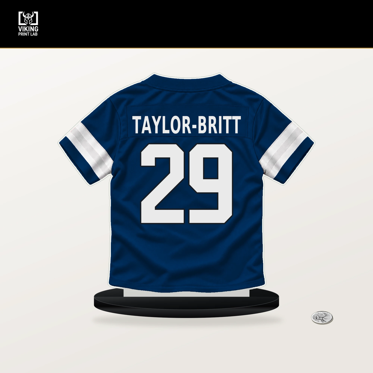 Cam Taylor-Britt number 29 Indianapolis Colts jersey stand with included black base.