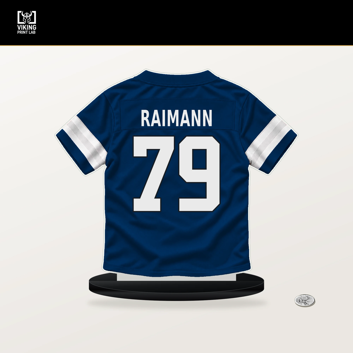 Bernhard Raimann number 79 Indianapolis Colts jersey stand with included black base.