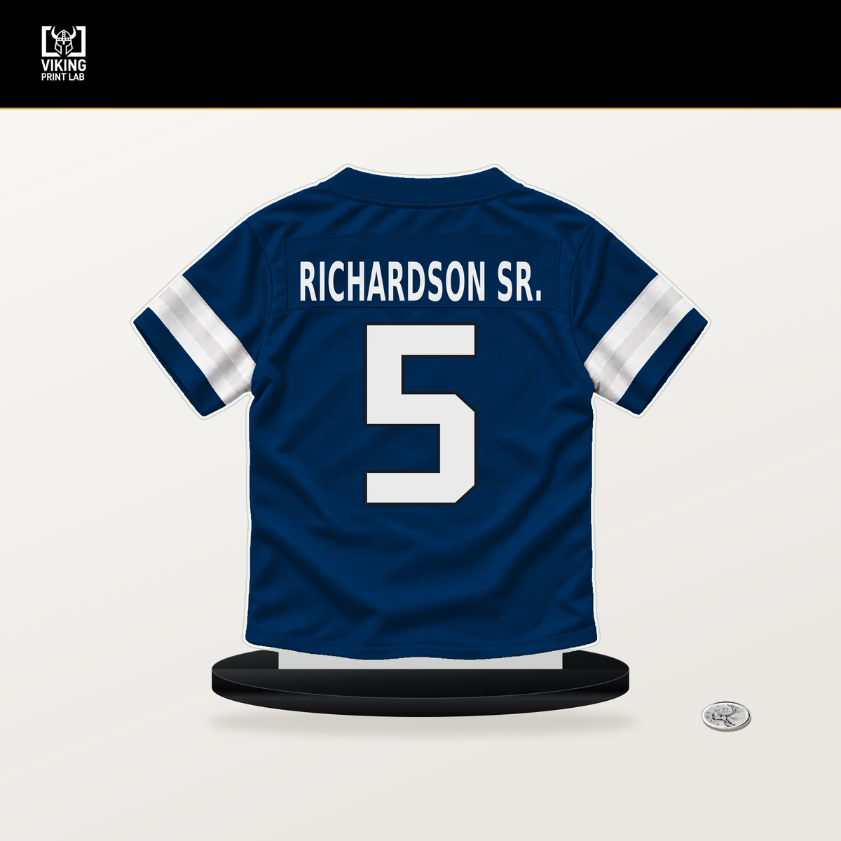 Anthony Richardson Sr. number 5 Indianapolis Colts jersey stand with included black base.