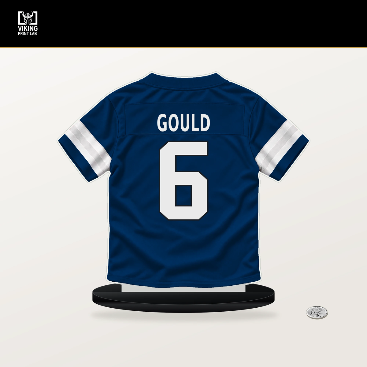 Anthony Gould number 6 Indianapolis Colts jersey stand with included black base.