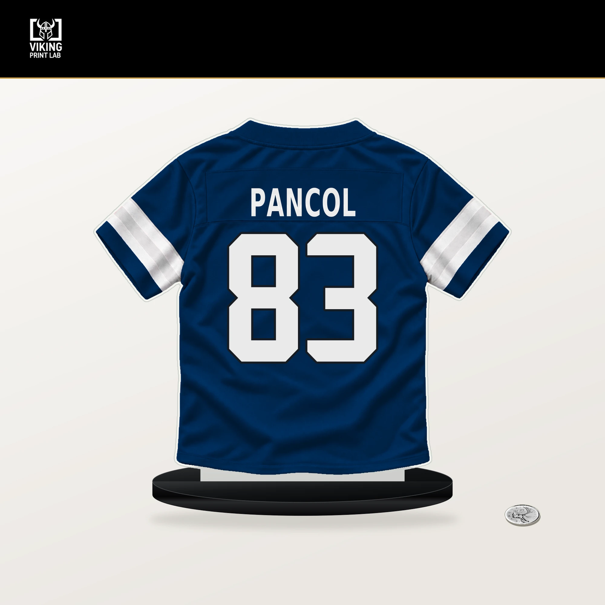 Eli Pancol number 83 Indianapolis Colts jersey stand with included black base.