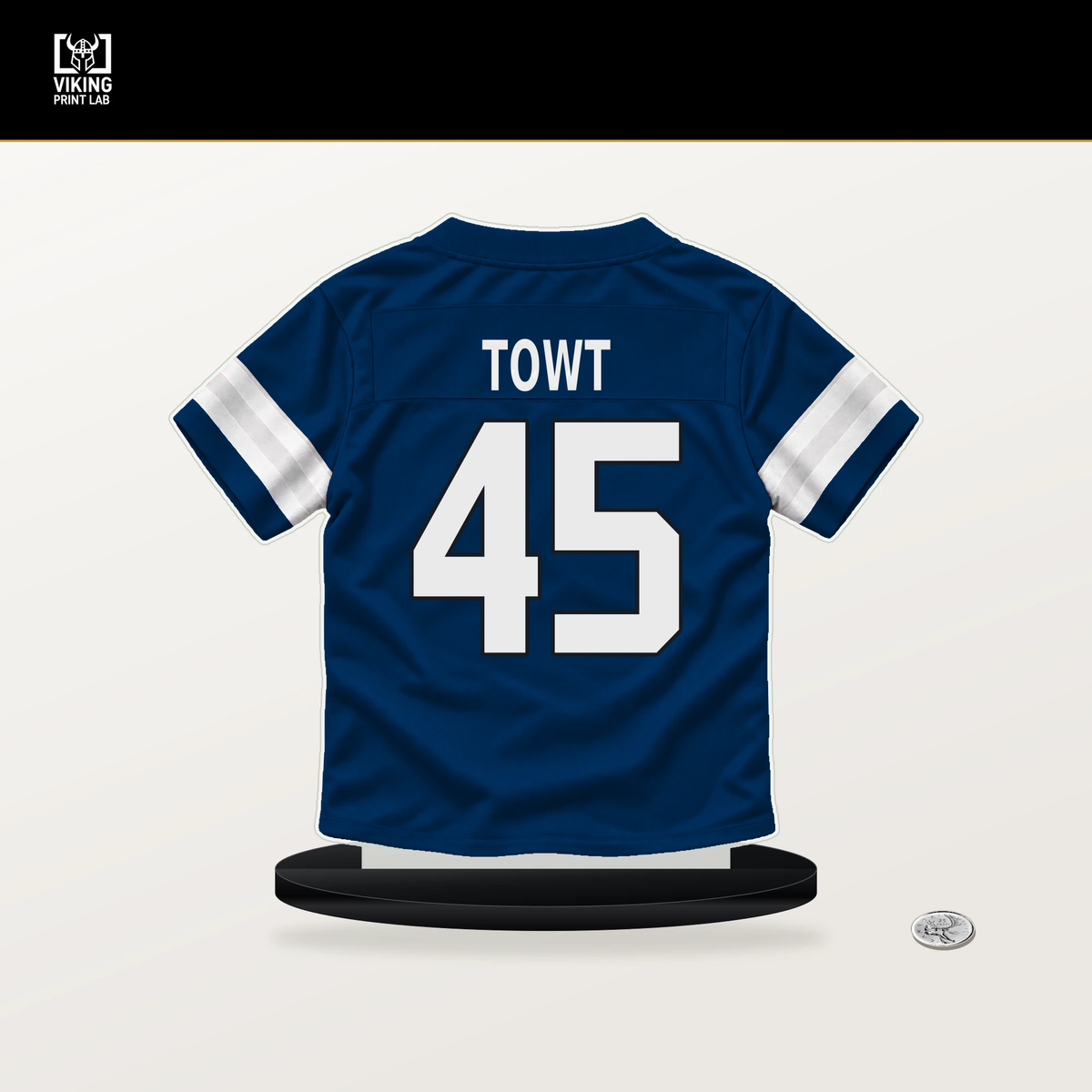 Carson Towt number 45 Indianapolis Colts jersey stand with included black base.
