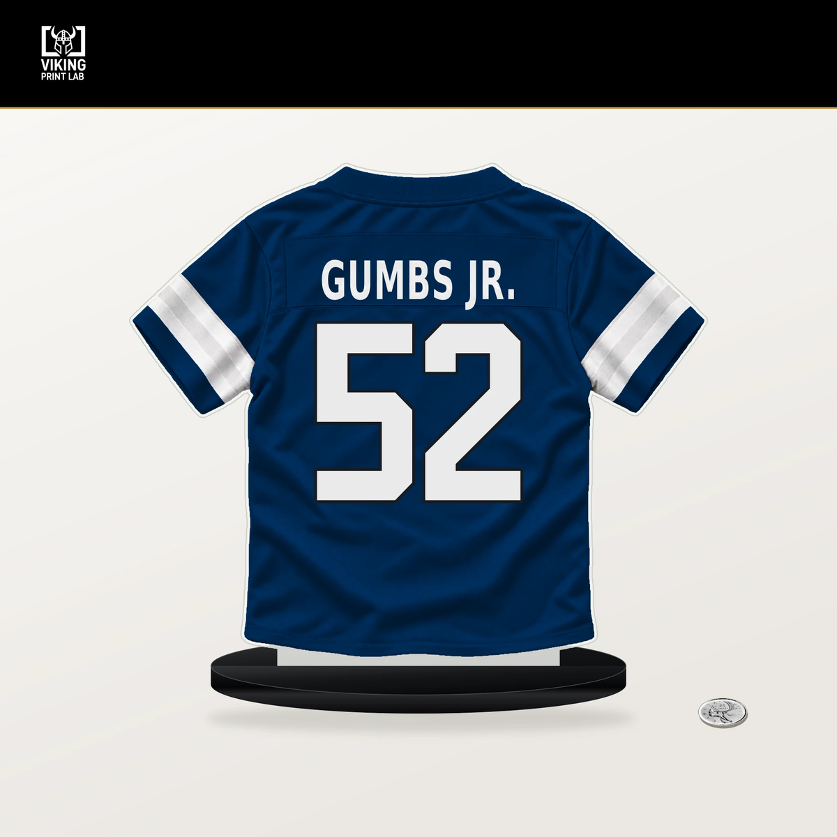 George Gumbs Jr. number 52 Indianapolis Colts jersey stand with included black base.