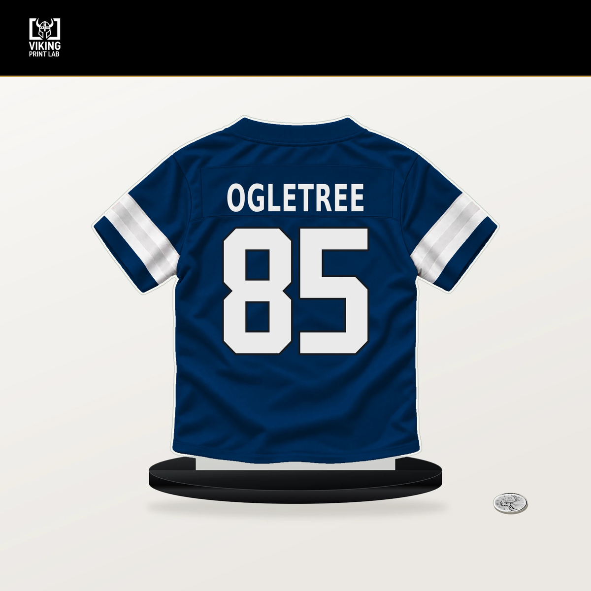 Drew Ogletree number 85 Indianapolis Colts jersey stand with included black base.