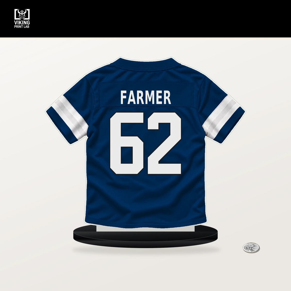Jalen Farmer number 62 Indianapolis Colts jersey stand with included black base.